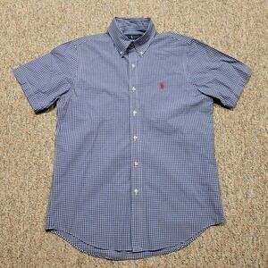 Ralph Lauren Shirt Mens Medium Blue Gingham Check Button Down Short Sleeve Pony